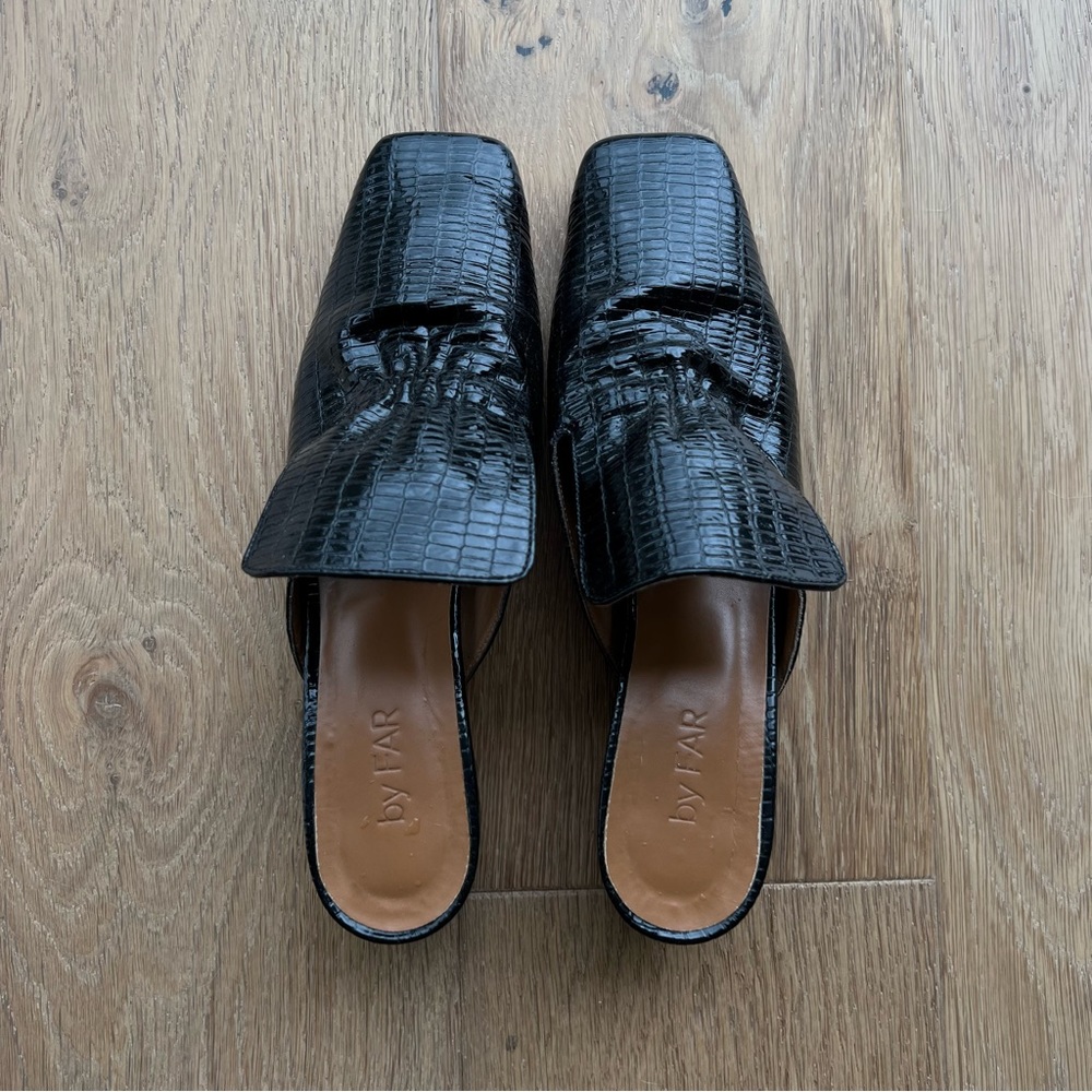 By Far Black Croc Embossed Slip On Loafer Mules 38